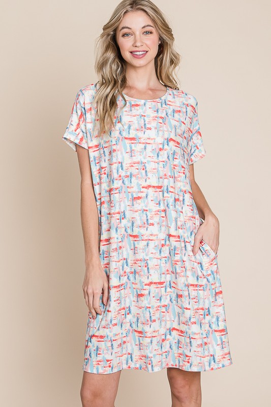 Printed Round Neck Short Sleeve Tee Dress For Women – Casual and Comfortable Dress with Printed Design and Pockets