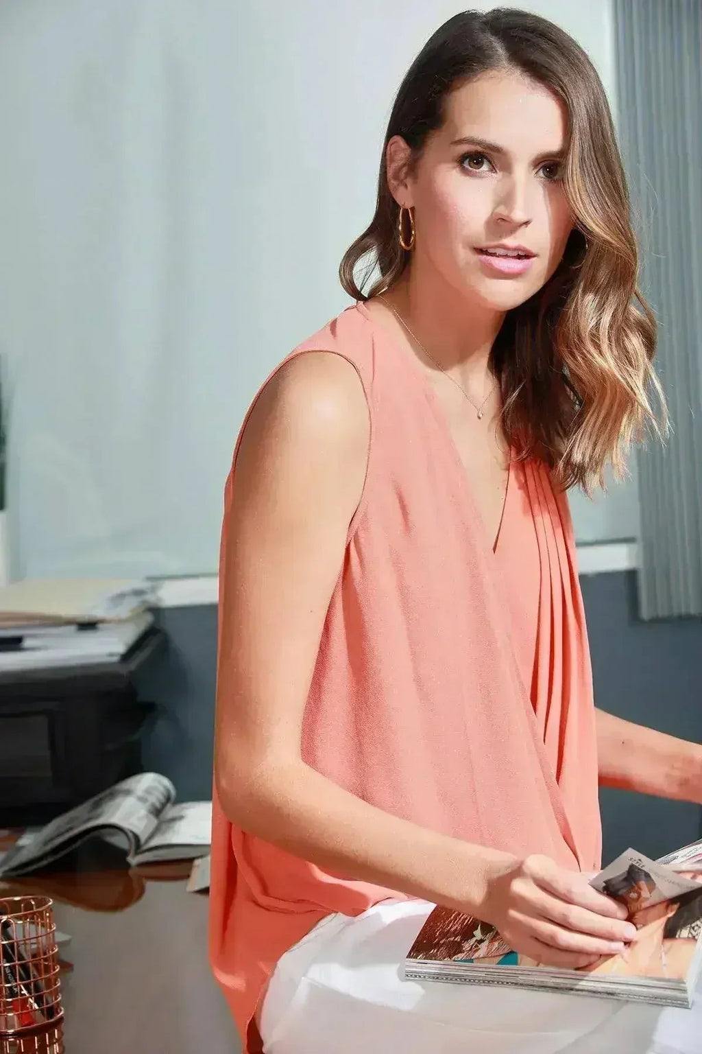 Women's V-Neck Sleeveless Wrap Blouse In Bittersweet | Femstylo