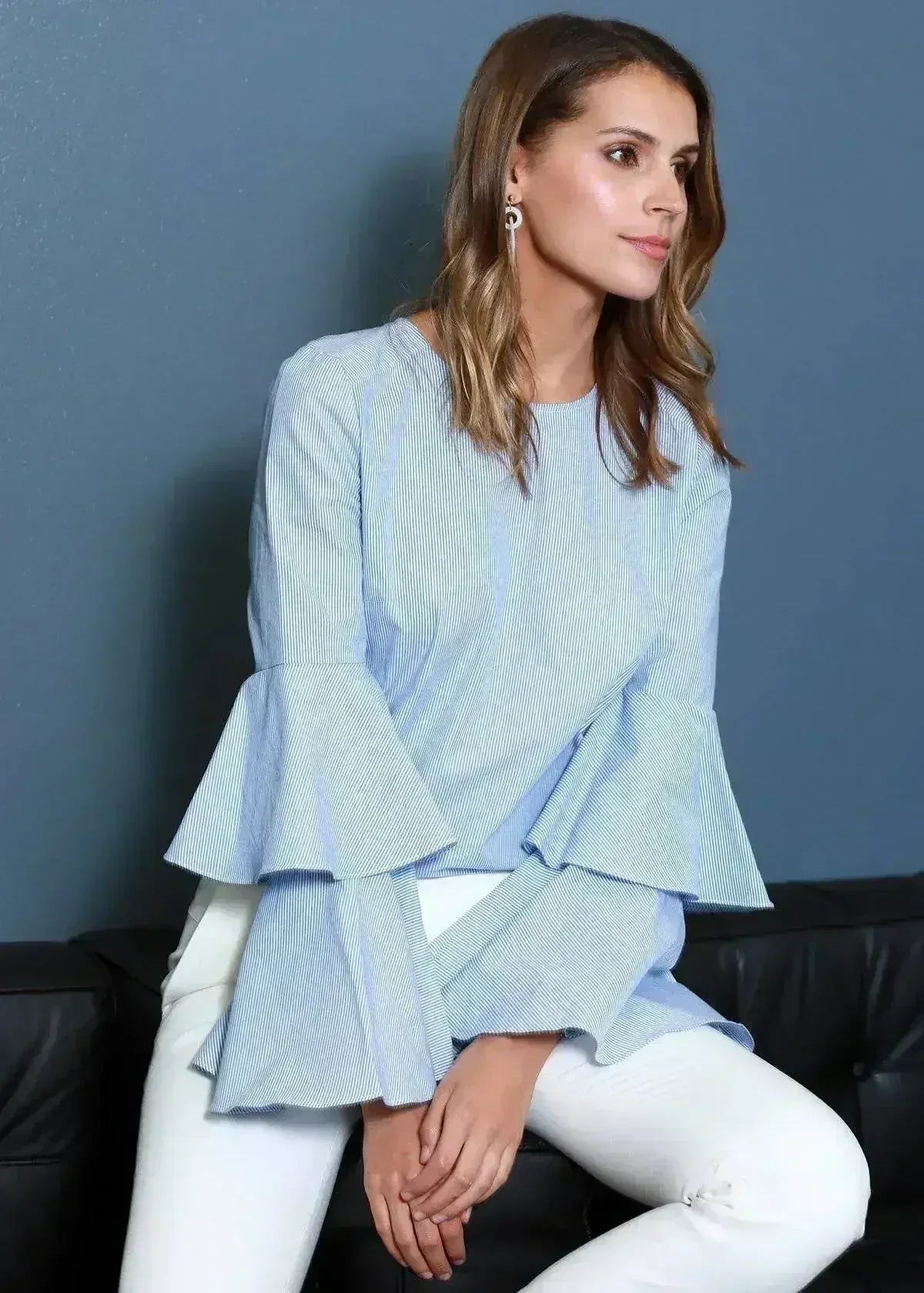 Women's Ruffle Bell Sleeve Shirt Blouse In Blue | Femstylo