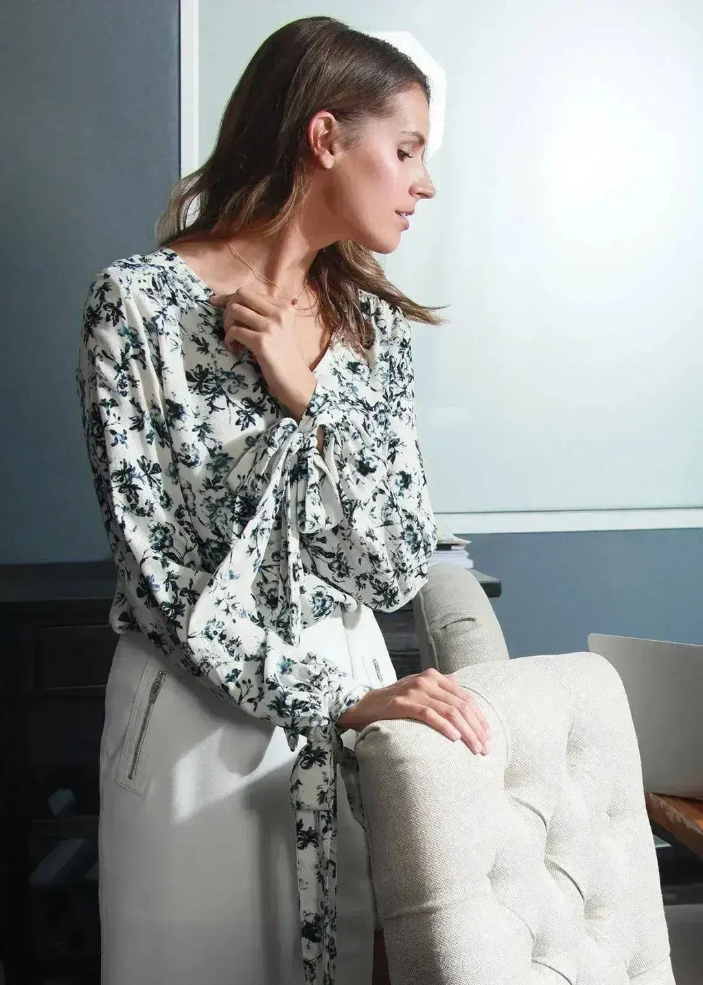 Ivory Floral V-neck Tie Cuff  In Garden Blouse | Femstylo