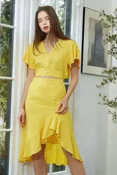 Women's Tie Waist Cape Sleeve Cropped Blouse in Yellow | Femstylo