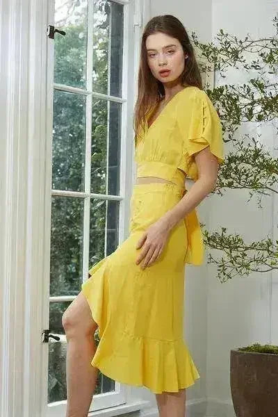 Women's Tie Waist Cape Sleeve Cropped Blouse in Yellow | Femstylo
