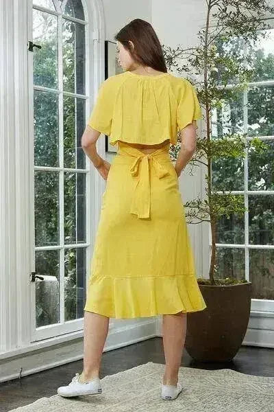Women's Tie Waist Cape Sleeve Cropped Blouse in Yellow | Femstylo
