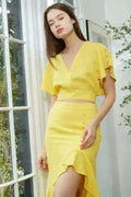 Women's Tie Waist Cape Sleeve Cropped Blouse in Yellow | Femstylo