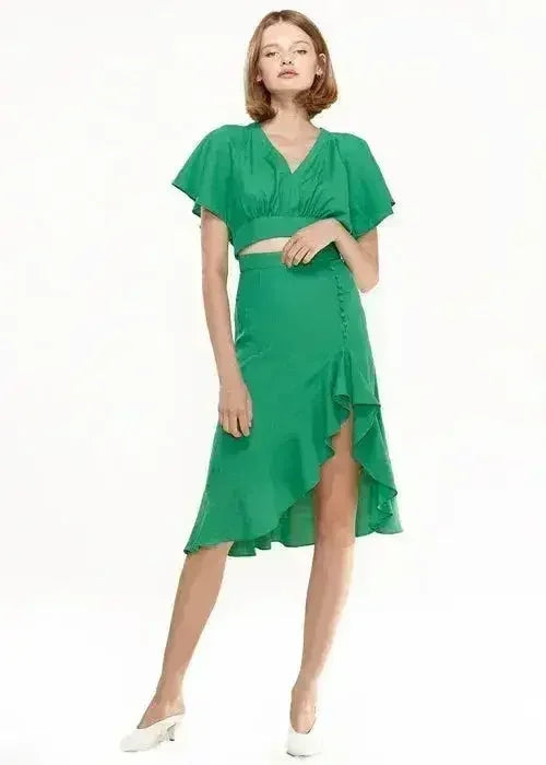 Women's Asymmetrical Hem Button Front Skirt in Kelly Green