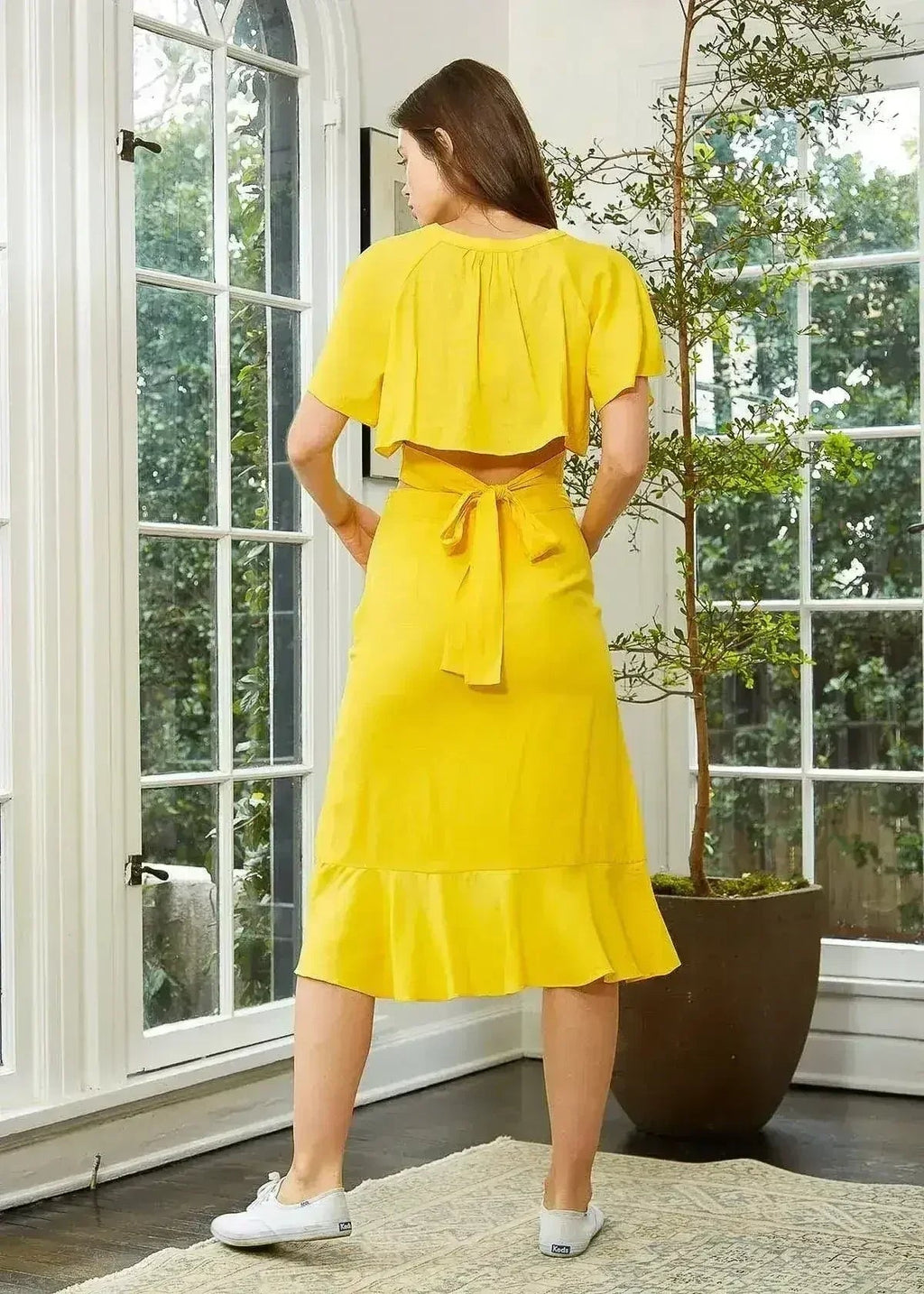 Women's Asymmetrical Hem Button Front Skirt in Yellow