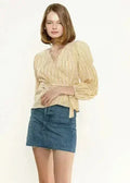 Smocked Sleeve Stripe Wrap V-Neck Blouse in Yellow | Femstylo