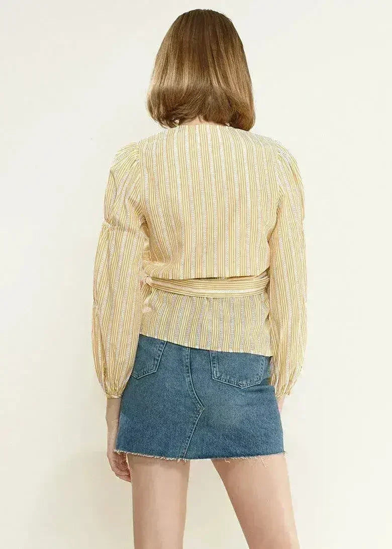 Smocked Sleeve Stripe Wrap V-Neck Blouse in Yellow | Femstylo