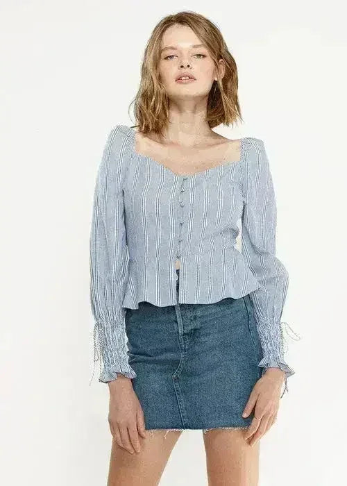 Smocked Cuff Button Front Peplum Blouse in Blue | Femstylo