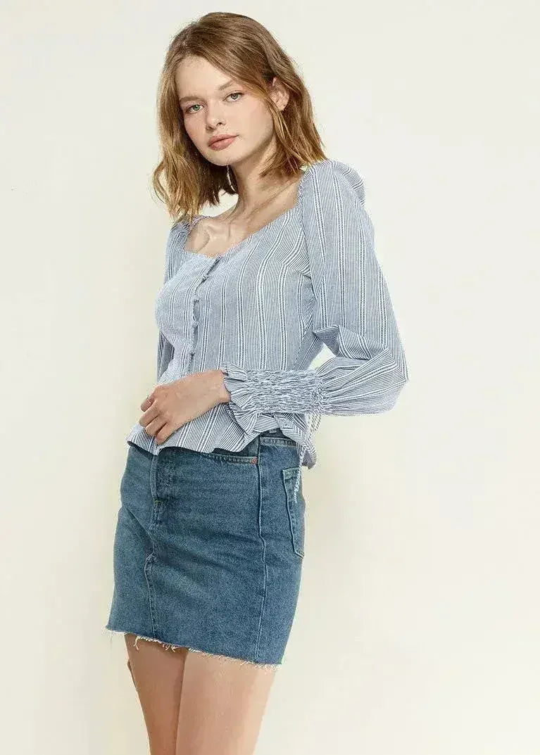 Smocked Cuff Button Front Peplum Blouse in Blue | Femstylo