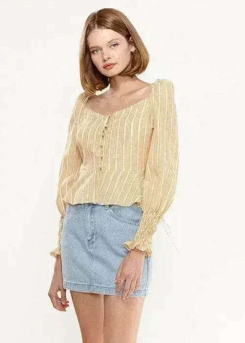 Smocked Cuff Button Front Peplum Blouse in Yellow | Femstylo