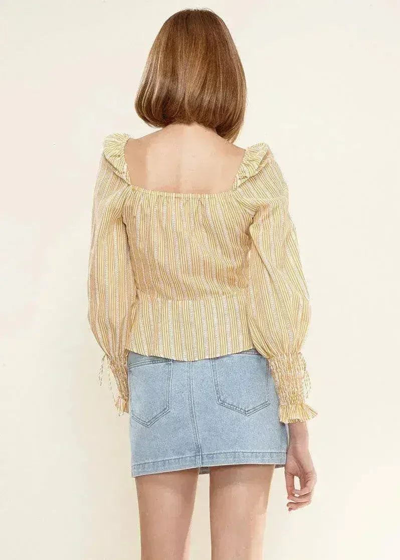 Smocked Cuff Button Front Peplum Blouse in Yellow | Femstylo