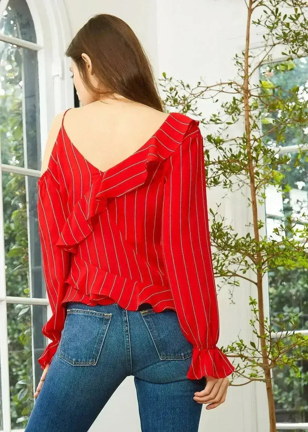 Women's Asymmetrical Shoulder Ruffle Blouse in Red | Femstylo