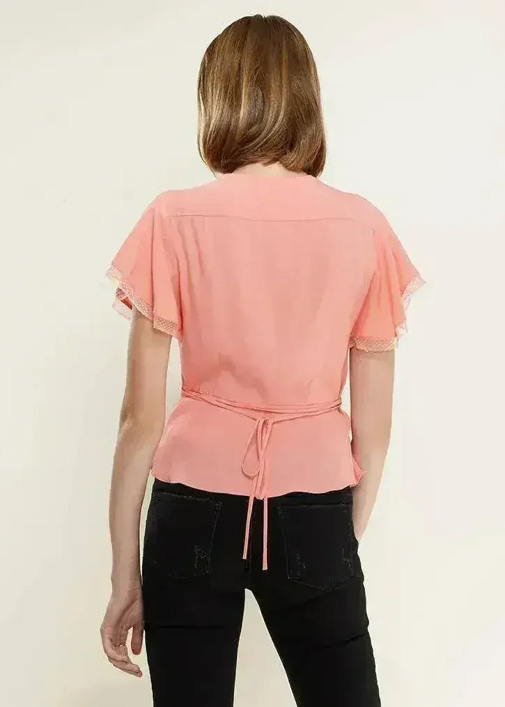 Women's Lace Trim Cape Sleeve Wrap Blouse in Coral | Femstylo