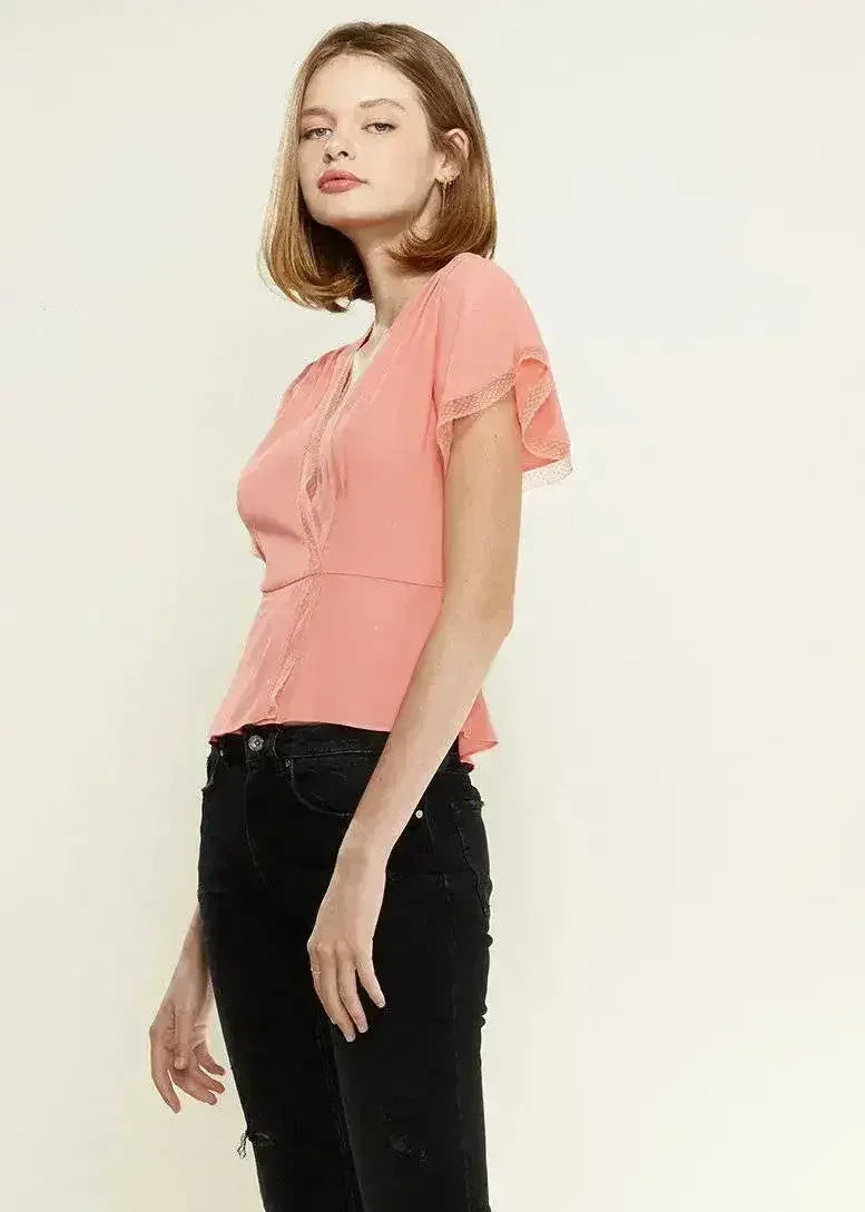 Women's Lace Trim Cape Sleeve Wrap Blouse in Coral | Femstylo