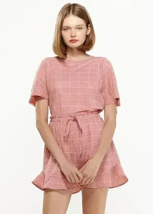 Women's Grid Print Crew Neck Blouse in Pink | Femstylo