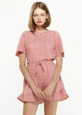 Women's Grid Print Crew Neck Blouse in Pink | Femstylo