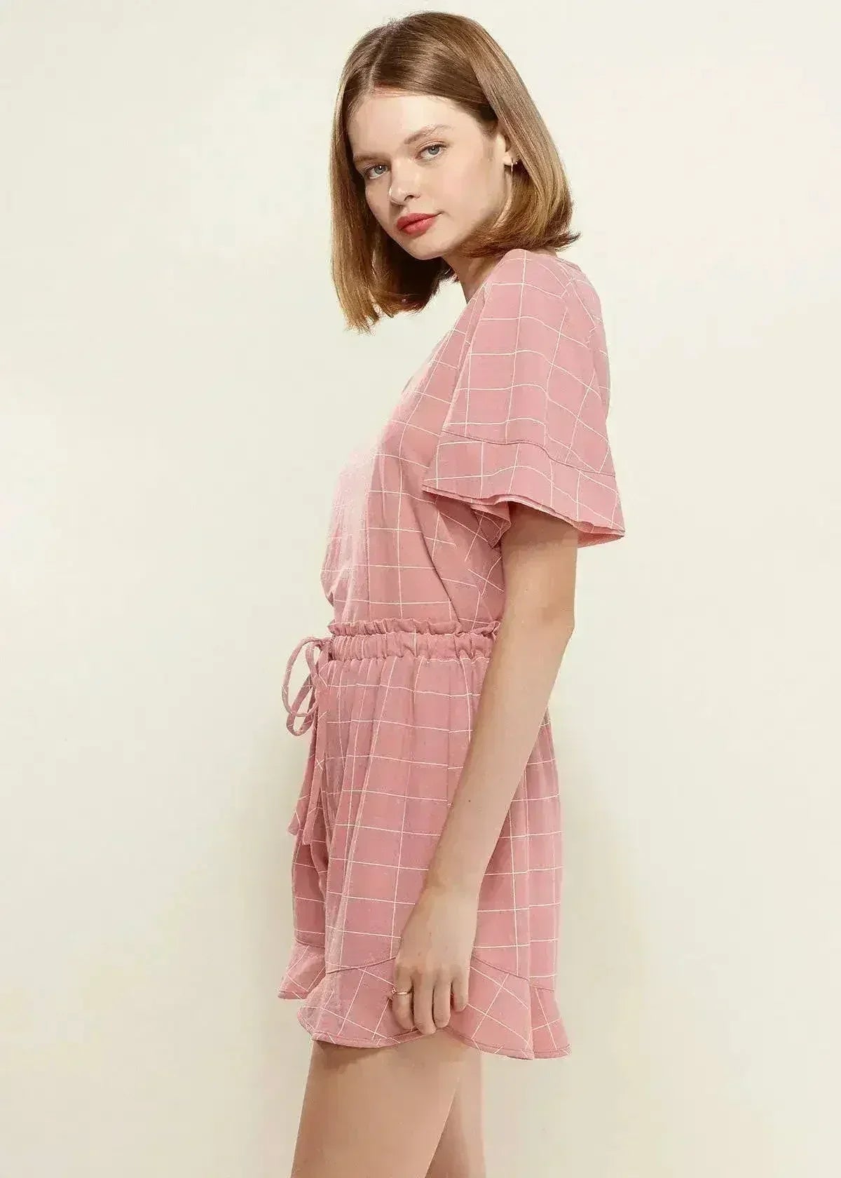 Women's Grid Print Crew Neck Blouse in Pink | Femstylo