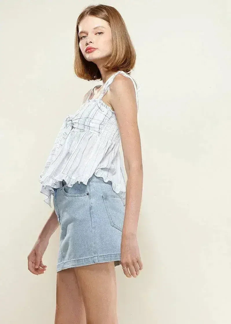 Women's Tie Front Flared Cami Blouse in Oceanstripe | Femstylo