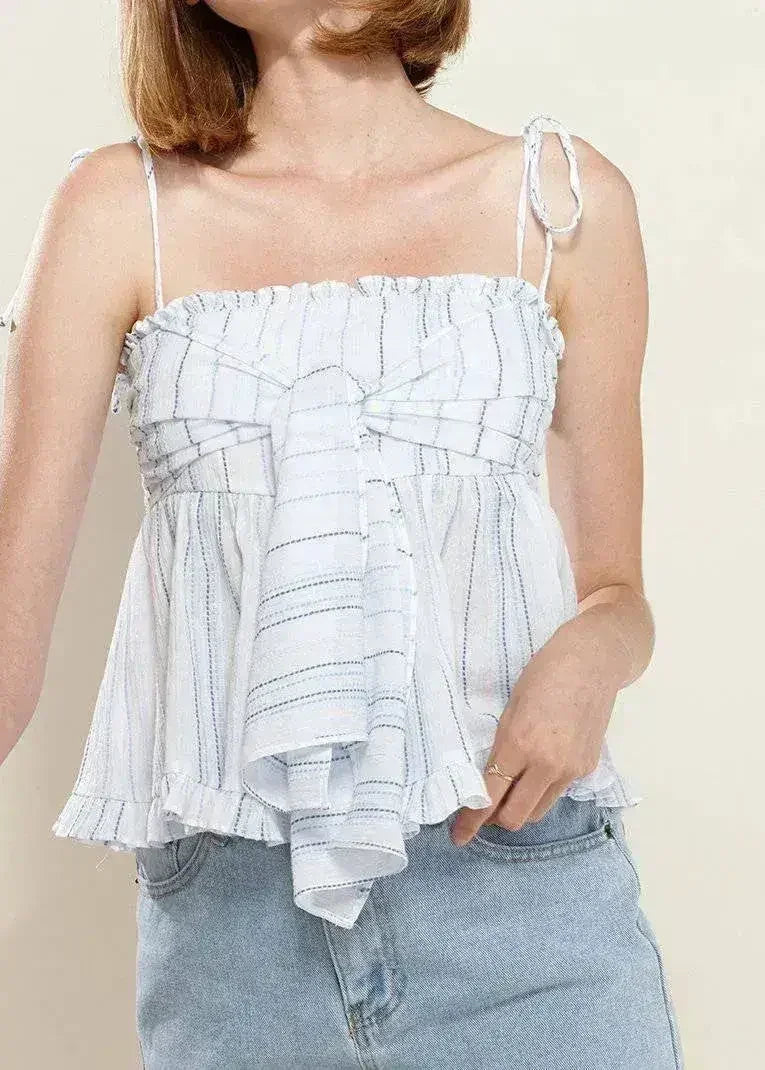 Women's Tie Front Flared Cami Blouse in Oceanstripe | Femstylo