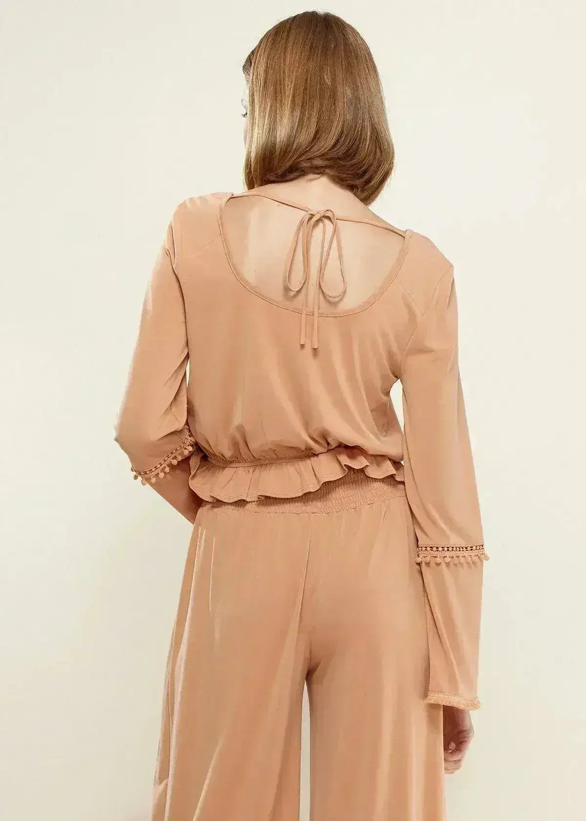 Women's Fringe Cuff Bell Sleeve Top in Apricot