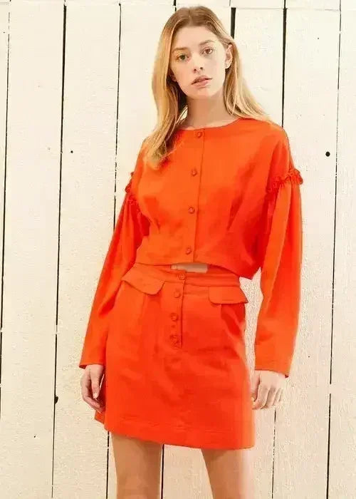 Women's Button Front Long Sleeve Crop Top in Poppy