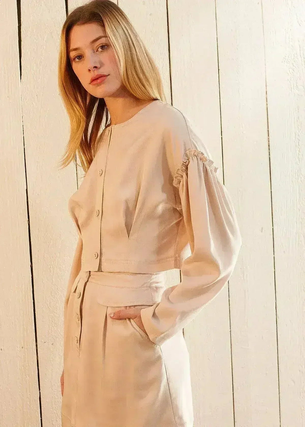 Women's Tencel Crop Top - Drop Shoulder & Ruffled Detail