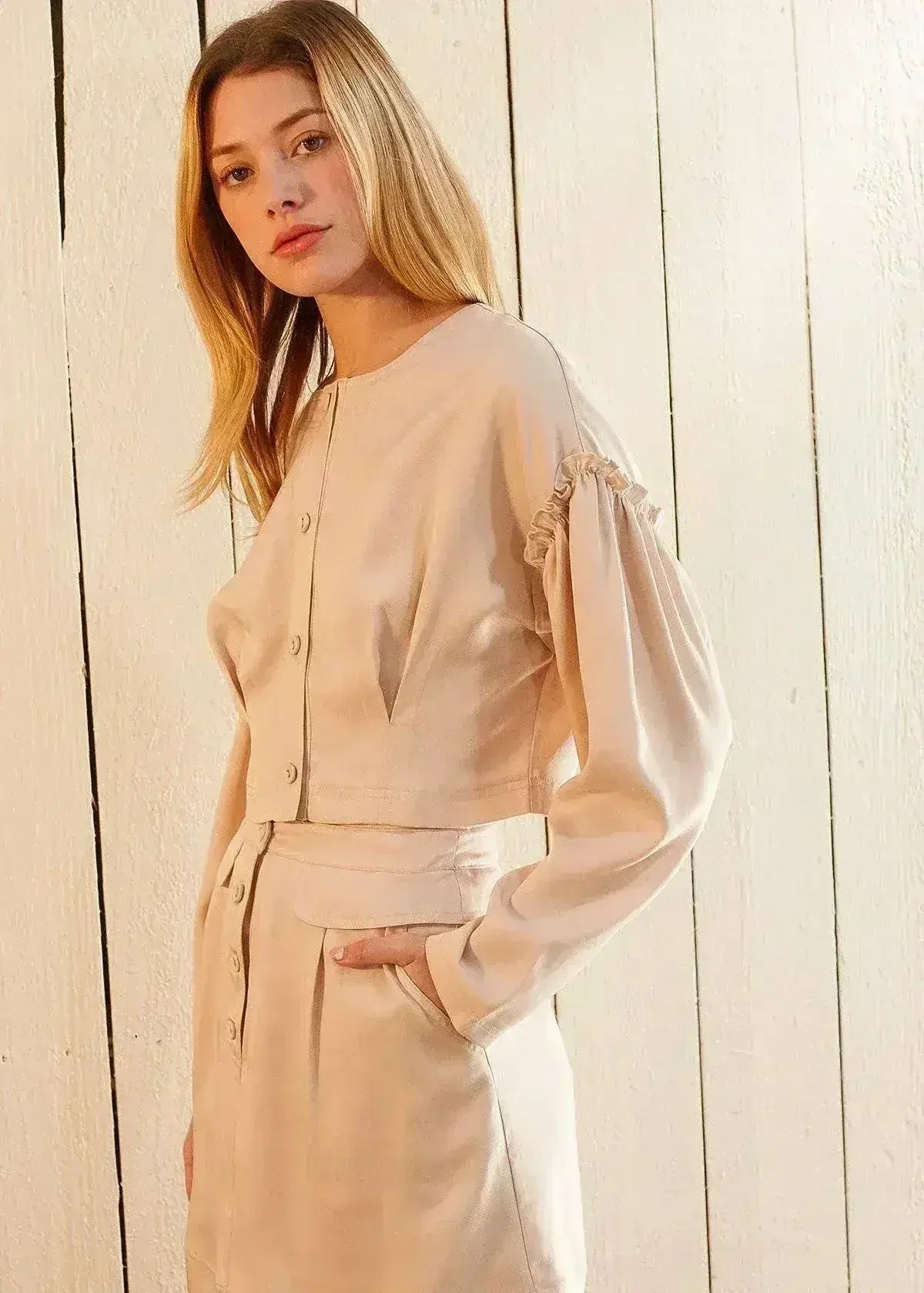 Women's Tencel Crop Top - Drop Shoulder & Ruffled Detail