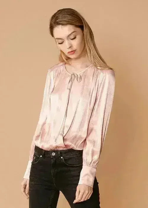 Fall Pink Tie-Neck Long Sleeve Bodysuit - Femstylo