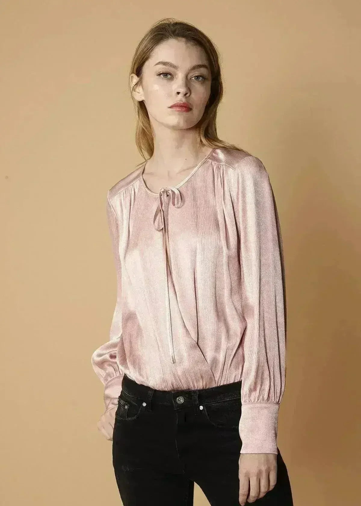 Fall Pink Tie-Neck Long Sleeve Bodysuit - Femstylo