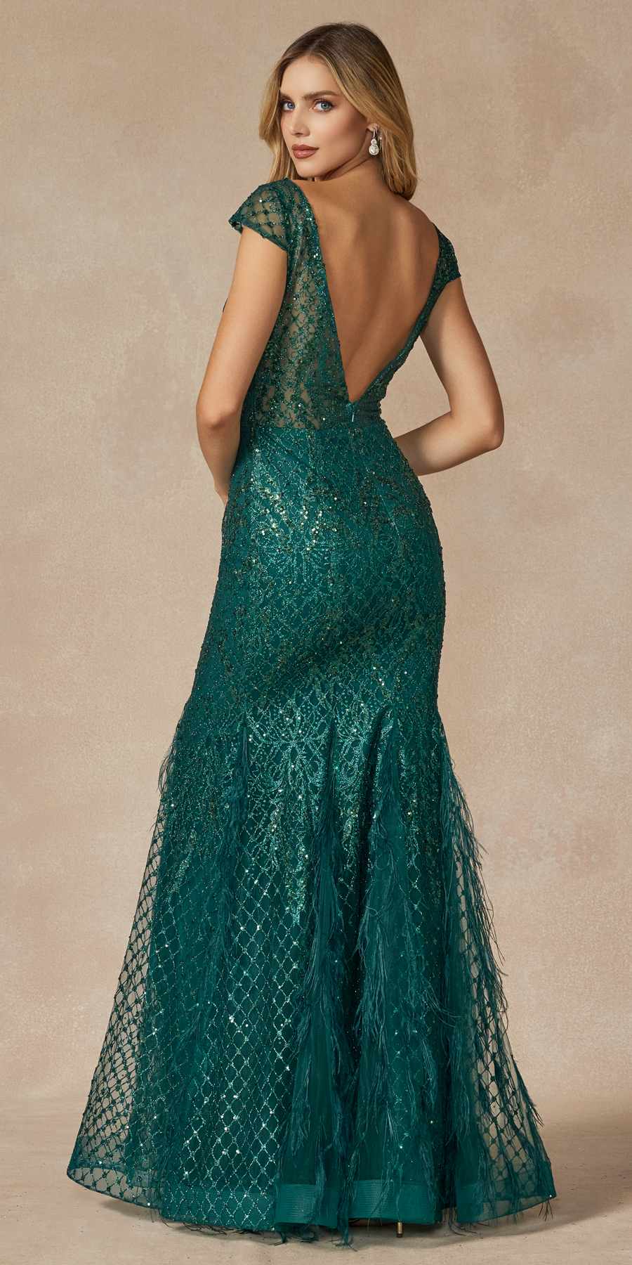 Juliet 286 Floor Length Feather Skirt Embellished Fitted Prom Dress