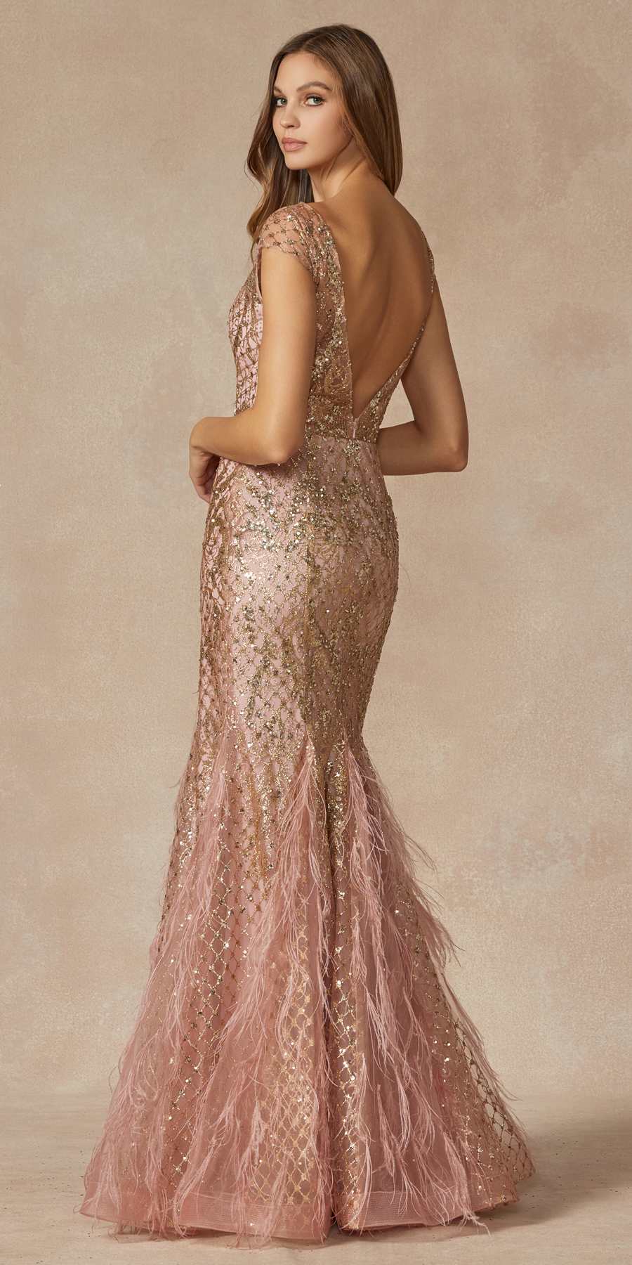 Juliet 286 Floor Length Feather Skirt Embellished Fitted Prom Dress