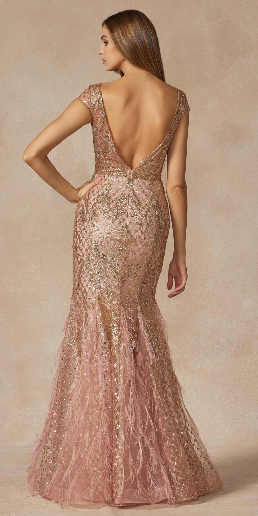 Juliet 286 Floor Length Feather Skirt Embellished Fitted Prom Dress