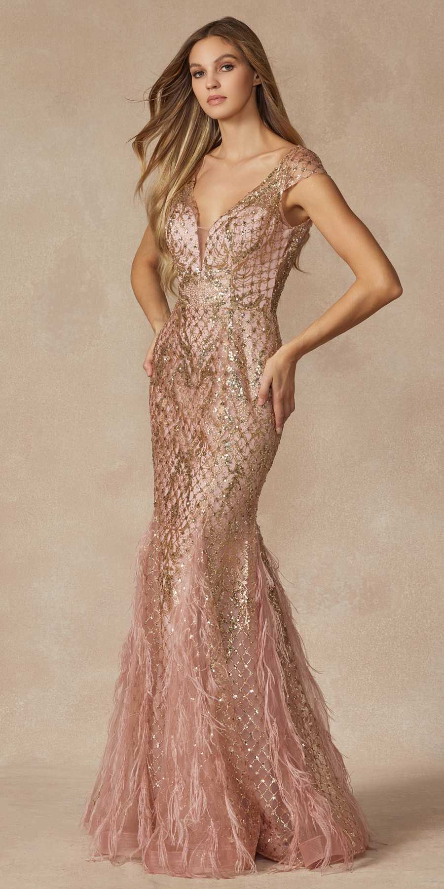 Juliet 286 Floor Length Feather Skirt Embellished Fitted Prom Dress