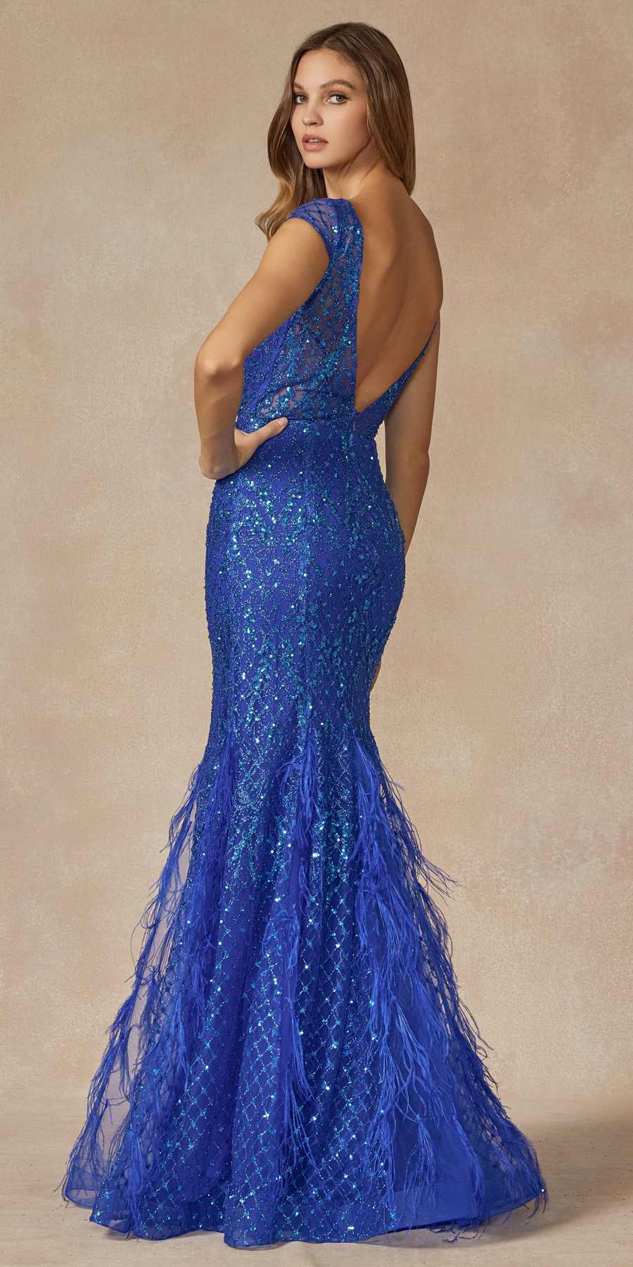 Juliet 286 Floor Length Feather Skirt Embellished Fitted Prom Dress