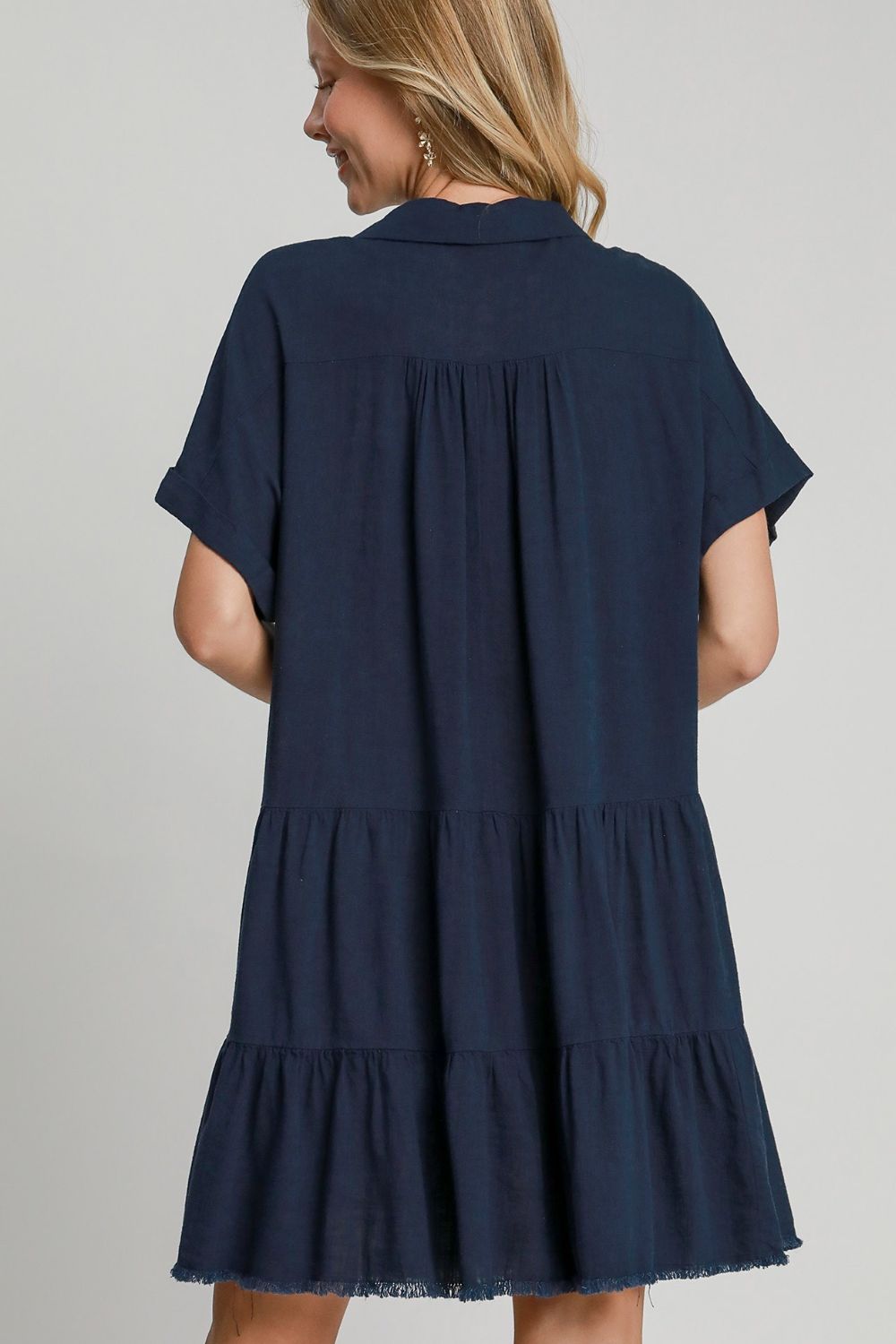 Women Dark Navy Full Size Raw Hem Folded Sleeve Dress Casual Plus Size Simple Dress