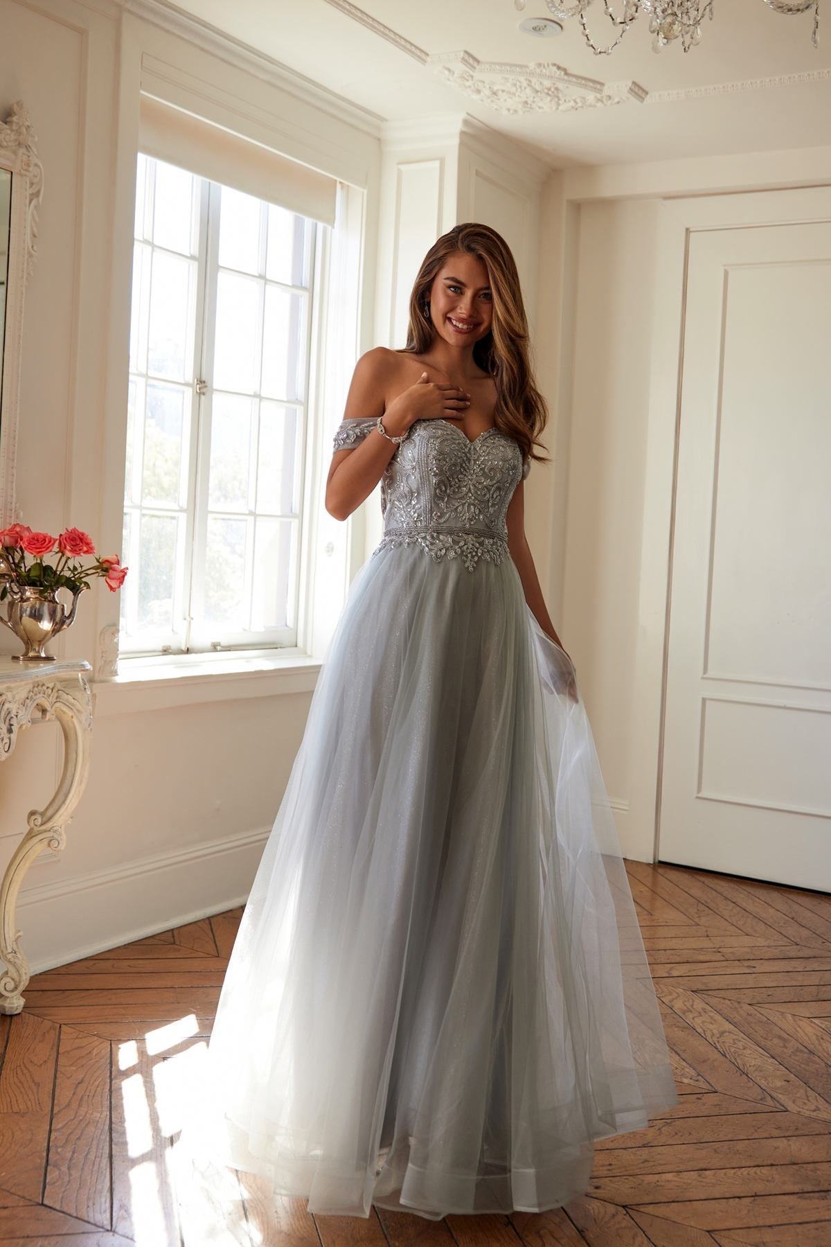 Juliet 287 Long Off the Shoulder Beaded Top A-Line Prom Dress