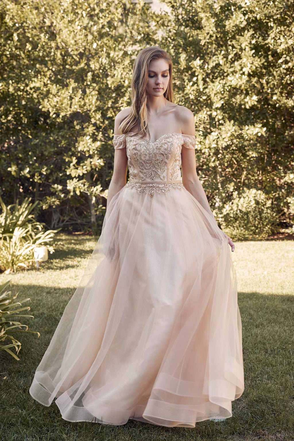 Juliet 287 Long Off the Shoulder Beaded Top A-Line Prom Dress