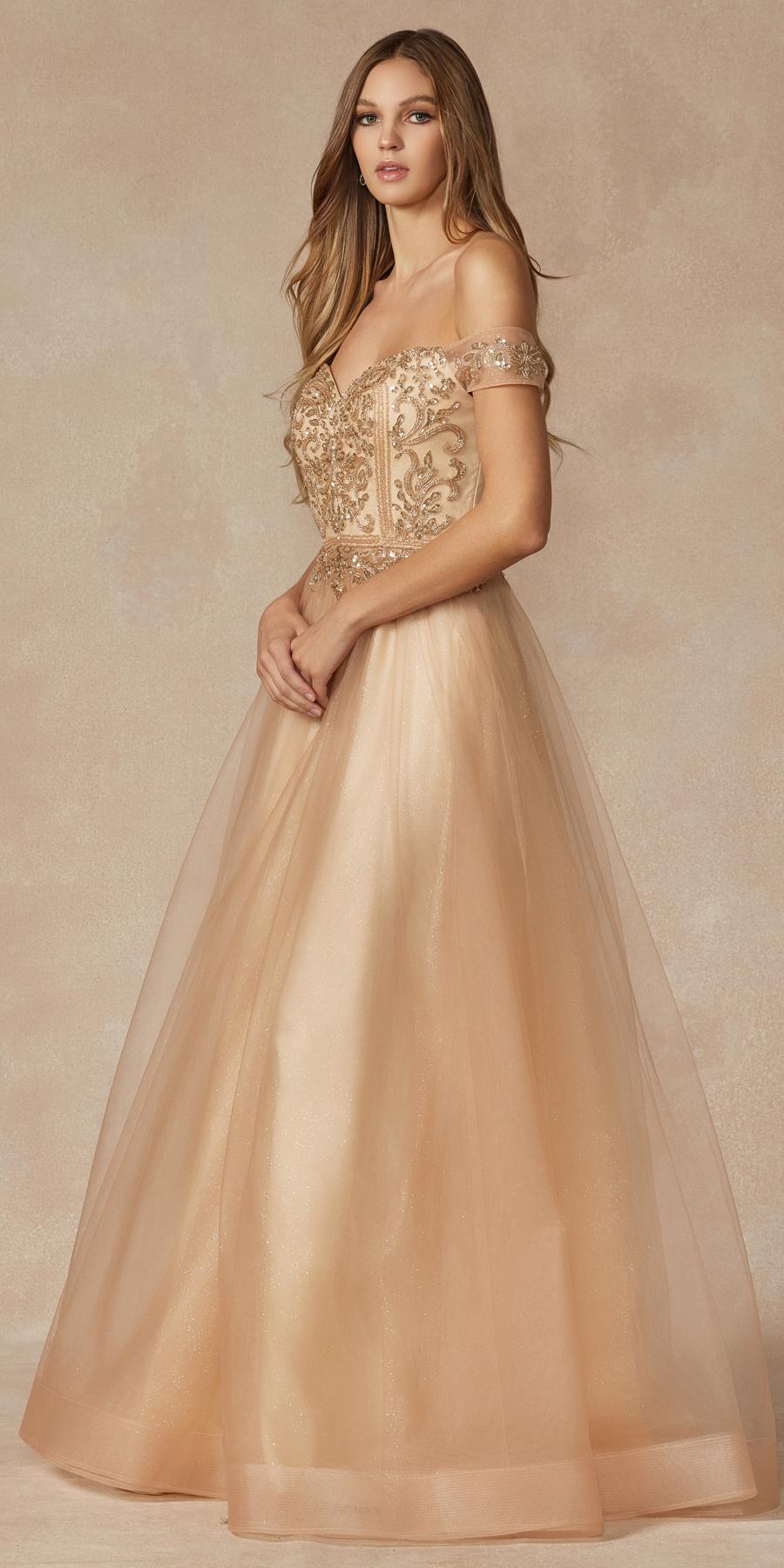 Juliet 287 Long Off the Shoulder Beaded Top A-Line Prom Dress