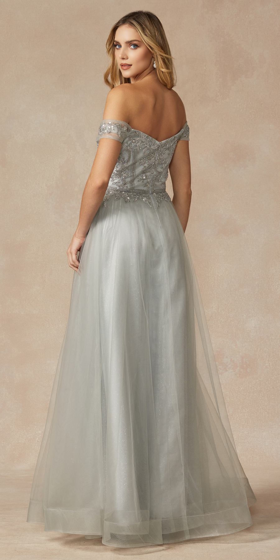Juliet 287 Long Off the Shoulder Beaded Top A-Line Prom Dress