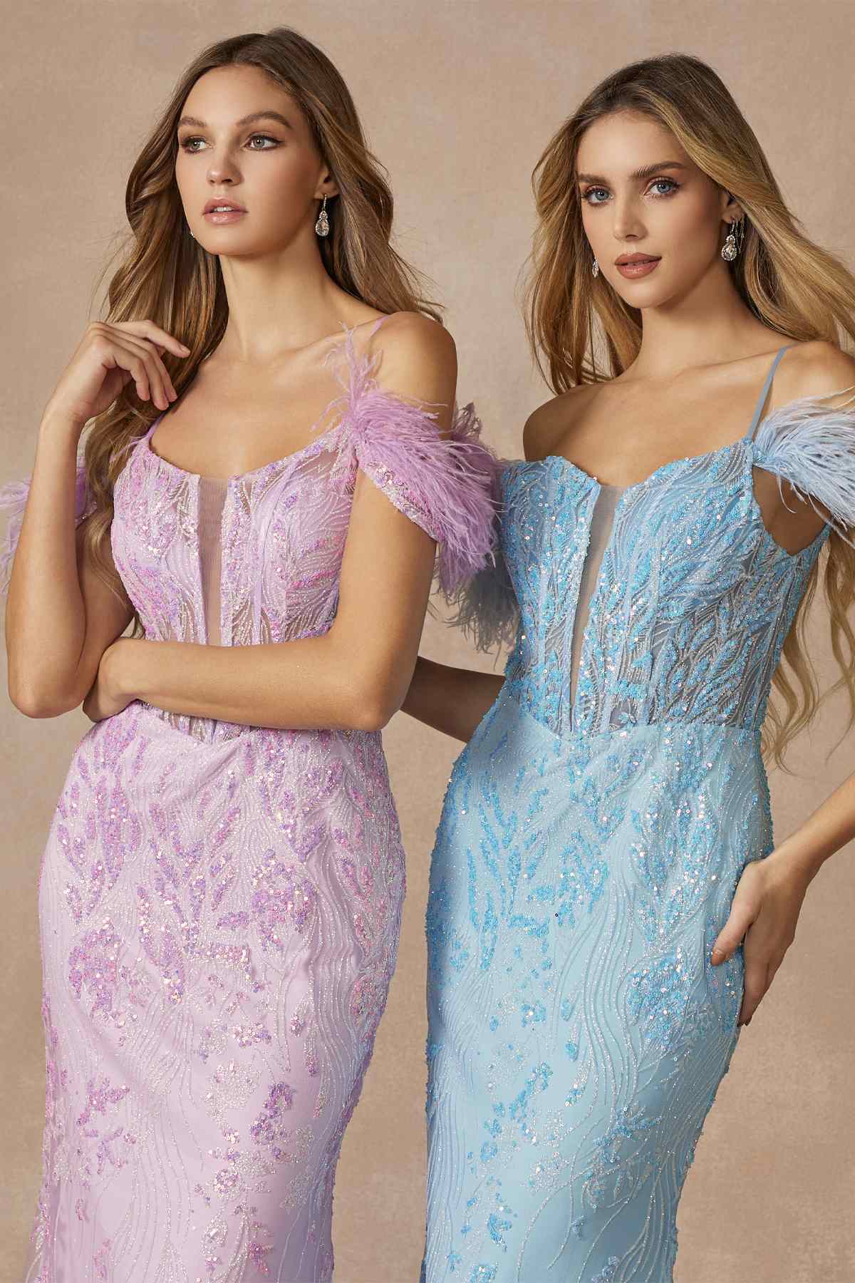 Juliet 288 Long Off the Shoulder Feather Strap Fitted Glitter Print Gown
