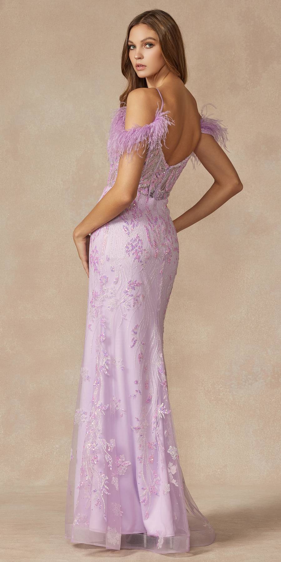 Juliet 288 Long Off the Shoulder Feather Strap Fitted Glitter Print Gown