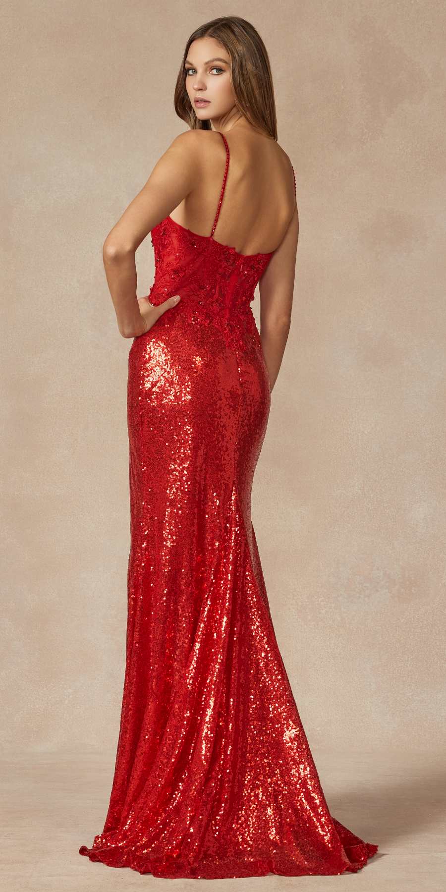 Juliet 289 Long Machine Sequin Gown with Corset Bodice Prom Gown