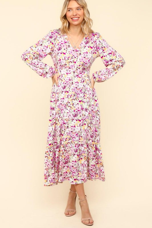 Lilac Full Size Floral V-Neck Long Sleeve Dress With Side Pockets Elegant & Practical Dress