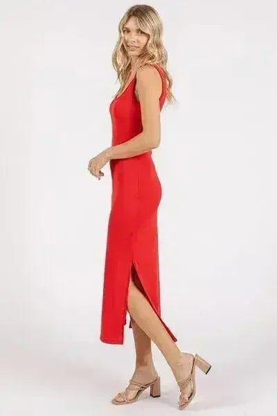 Red Side Slit Midi Dress - Wide Strap & Flirty Slit | Femstylo