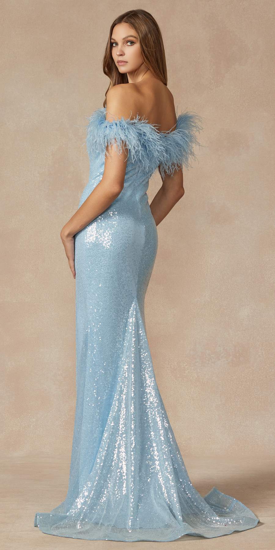 Juliet 292 Long Feather Neckline Off the Shoulder High Slit Prom Gown