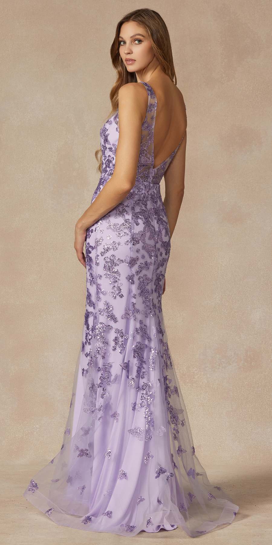 Juliet 294 Long Butterfly Appliques Low V-Neck Prom Dress