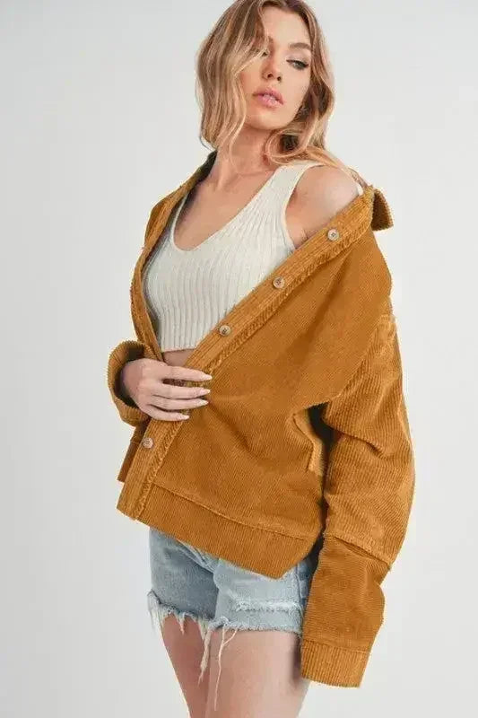 Aemi + Co Side Slit Exposed Seam Button Up Corduroy Jacket