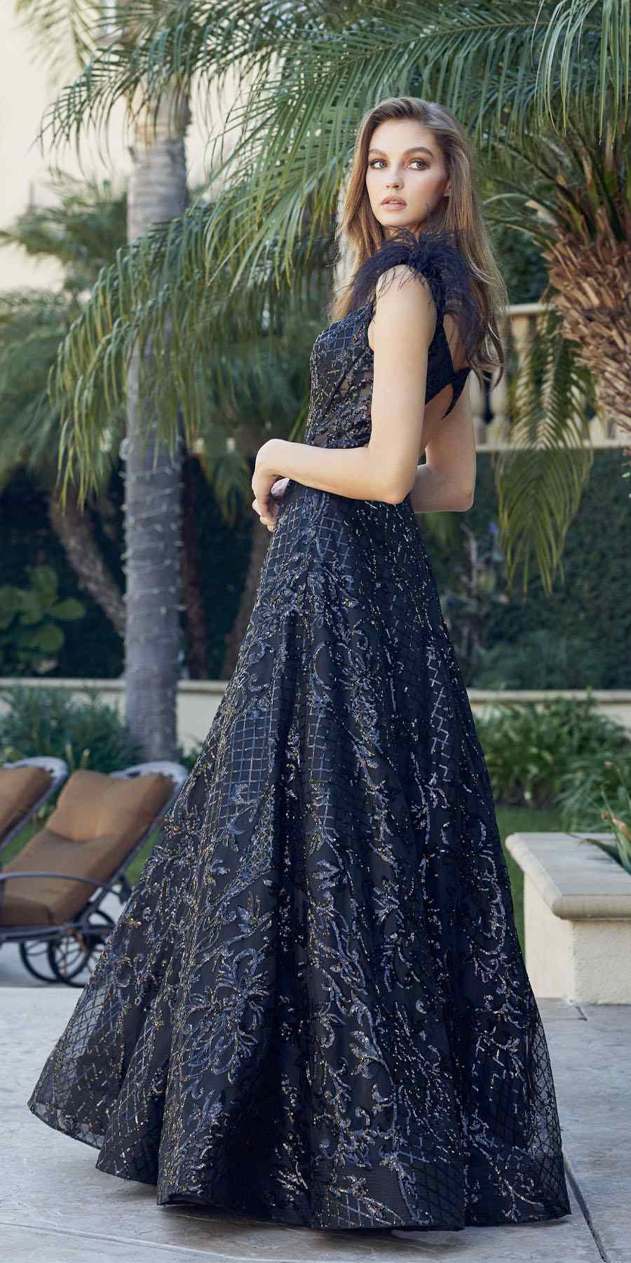 Juliet 297 Floor Length Feathered Cap Sleeve Patterned Sequin A-Line Gown