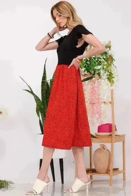 Two Tone Animal Print Midi Dress | Flutter Sleeve Plus Dress -femstylo